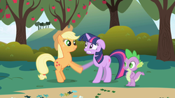 Size: 1280x720 | Tagged: safe, screencap, applejack, spike, twilight sparkle, dragon, earth pony, pony, unicorn, friendship is magic, g4, season 1, apple tree, female, male, mare, motion blur, tree, trio, unicorn twilight