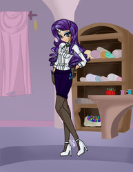 Size: 638x825 | Tagged: safe, artist:neferity, rarity, human, unicorn, g4, carousel boutique, clothes, eyeshadow, fabric, female, gloves, hand on hip, high heels, horn, horned humanization, humanized, makeup, miniskirt, pantyhose, shoes, skirt, solo