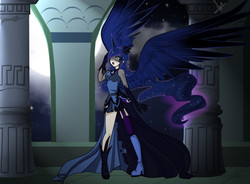 Size: 1000x737 | Tagged: safe, artist:neferity, nightmare moon, princess luna, alicorn, human, g4, castle of the royal pony sisters, clothes, crown, dress, female, garter belt, horn, horned humanization, humanized, jewelry, night, regalia, socks, solo, stars, thigh highs, transformation, winged humanization, wings