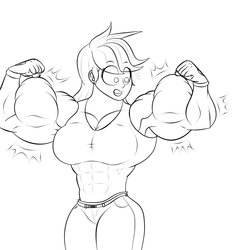 Size: 1274x1331 | Tagged: safe, artist:matchstickman, applejack, human, g4, applejacked, armpits, biceps, clothes, fingerless gloves, gloves, growth, humanized, muscle growth, muscles, overdeveloped muscles