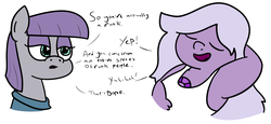 Size: 1369x631 | Tagged: safe, artist:moonatik, maud pie, earth pony, gem (race), pony, g4, 30 minute art challenge, amethyst, amethyst (steven universe), clothes, crossover, dialogue, duo, duo female, eyes closed, eyeshadow, female, gem, makeup, mare, quartz, rock, simple background, steven universe, white background