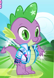 Size: 504x721 | Tagged: safe, gameloft, spike, dragon, g4, clothes, cropped, jacket, male, retro spike, smiling