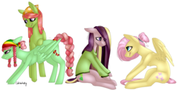 Size: 1272x653 | Tagged: safe, artist:sychia, fluttershy, tree hugger, oc, oc:shy meadows, oc:summer song (ice1517), pegasus, pony, icey-verse, g4, alternate hairstyle, bandana, clothes, female, focused, hair bun, hair over one eye, lesbian, magical lesbian spawn, mare, nervous, next generation, offspring, parent:fluttershy, parent:tree hugger, parents:flutterhugger, ship:flutterhugger, shipping, shy, signature, simple background, stretching, sweater, transparent background, underhoof