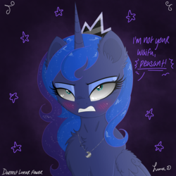 Size: 3500x3500 | Tagged: safe, artist:darkest-lunar-flower, princess luna, alicorn, pony, g4, annoyed, blushing, chest fluff, crown, dialogue, female, high res, jewelry, looking at you, luna is not amused, mare, necklace, open mouth, regalia, signature, solo, unamused