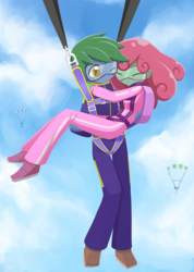 Size: 800x1125 | Tagged: safe, artist:howxu, oc, oc only, oc:software patch, oc:windcatcher, equestria girls, g4, bridal carry, clothes, duo, equestria girls-ified, falling, female, goggles, hug, jumpsuit, male, one eye closed, parachute, sky, skydiving, straight, windpatch