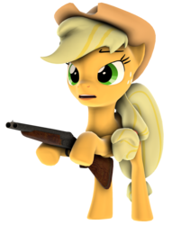 Size: 1648x2160 | Tagged: safe, artist:goatcanon, applejack, earth pony, pony, g4, bipedal, female, gun, open mouth, shotgun, simple background, solo, transparent background, weapon