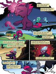 Size: 768x1024 | Tagged: safe, artist:andy price, idw, official comic, fizzlepop berrytwist, glitter drops, spring rain, storm king, tempest shadow, pony, unicorn, g4, my little pony: the movie, spoiler:comic, spoiler:comic68, broken horn, cloak, clothes, comic, eye scar, female, filly, filly tempest shadow, foal, horn, mare, misfortune malachite, preview, scar, speech bubble, tempest's tale, you know for kids, younger
