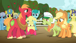 Size: 1920x1080 | Tagged: safe, screencap, apple bloom, applejack, big macintosh, comet tail, granny smith, lemon hearts, linky, lyra heartstrings, sassaflash, shoeshine, spring melody, sprinkle medley, earth pony, pony, unicorn, g4, the super speedy cider squeezy 6000, apple family, apple tree, crossed hooves, female, filly, male, mare, mouth hold, stallion, tail, tail pull, tree, upside down