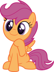 Size: 3744x5000 | Tagged: safe, artist:salemcat, edit, scootaloo, pegasus, pony, g4, cute, cutealoo, female, filly, front view, raised hoof, show accurate, simple background, sitting, smiling, solo, spread wings, suggestive source, transparent background, wings