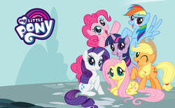 Size: 1200x740 | Tagged: safe, applejack, fluttershy, pinkie pie, rainbow dash, rarity, twilight sparkle, earth pony, pegasus, pony, unicorn, g4, mane six, mane six opening poses, my little pony logo, unicorn twilight