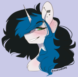 Size: 3284x3262 | Tagged: safe, artist:skylacuna, oc, oc only, pony, blushing, ear piercing, female, gray background, grin, high res, mare, piercing, simple background, smiling, solo