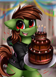 Size: 2550x3509 | Tagged: safe, artist:pridark, oc, oc only, pony, birthday cake, cake, clothes, commission, food, high res, hoodie, male, open mouth, smiling, solo, stallion, sweater