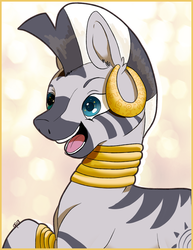 Size: 2975x3850 | Tagged: safe, artist:overlord pony, zecora, pony, zebra, g4, ear piercing, earring, female, happy, high res, jewelry, neck rings, open mouth, piercing, simple background, smiling, solo