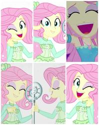 Size: 2137x2694 | Tagged: safe, edit, screencap, fluttershy, equestria girls, equestria girls series, so much more to me, collage, cute, geode of fauna, looking at you, microphone, shyabetes, singing