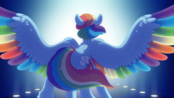Size: 2560x1440 | Tagged: safe, artist:eleamorbid, artist:erisartiswitchcraft, rainbow dash, pegasus, pony, g4, back, colored wings, female, glowing, rainbutt dash, rear view, solo, spread wings, wings