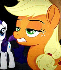 Size: 202x230 | Tagged: safe, screencap, applejack, rarity, g4, my little pony: the movie, cropped, gritted teeth, lidded eyes