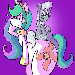 Size: 576x576 | Tagged: safe, artist:pembroke, princess celestia, silver spoon, alicorn, earth pony, pony, g4, crown, cutie mark, female, filly, horn, jewelry, large butt, mare, regalia, smiling, tail, thiklestia