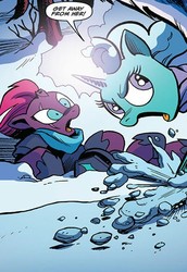 Size: 402x585 | Tagged: safe, artist:andy price, idw, official comic, glitter drops, tempest shadow, pony, g4, my little pony: the movie, spoiler:comic, spoiler:comic68, broken horn, cropped, female, horn, mare, snow, speech bubble, tempest's tale