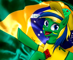 Size: 1587x1300 | Tagged: safe, artist:tkuroneko, oc, oc only, pony, brazil, cap, clothes, football, hat, jersey, solo, world cup