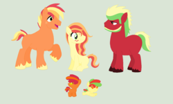 Size: 1296x776 | Tagged: safe, artist:kaged-wolf, oc, oc only, oc:ambrosia clove, oc:apple frond, oc:cameo crunch, oc:cortland core, oc:winesap snap, earth pony, pony, beard, colt, facial hair, female, filly, freckles, green background, male, mare, offspring, parent:applejack, parent:big macintosh, parents:applemac, product of incest, simple background, stallion, unshorn fetlocks