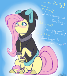Size: 1648x1889 | Tagged: safe, artist:ratrieve, fluttershy, pegasus, pony, blushing, bunny ears, clothes, costume, cute, dangerous mission outfit, embarrassed, female, hoodie, implied rarity, mare, offscreen character, sitting, solo, talking