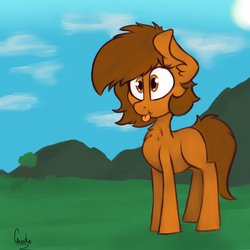 Size: 3000x3000 | Tagged: safe, artist:claudearts, oc, oc only, oc:venus spring, pony, :p, cloud, cute, high res, mountain, silly, solo, tongue out, tree, venus spring actually having a pretty good time