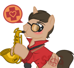 Size: 1024x941 | Tagged: safe, artist:superrosey16, pony, unicorn, blushing, glasses, male, musical instrument, ponified, saxophone, simple background, sniper, sniper (tf2), solo, stallion, team fortress 2, transparent background