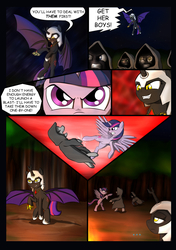 Size: 3024x4299 | Tagged: safe, artist:theravencriss, twilight sparkle, oc, oc:fallenlight, alicorn, pony, comic:curse and madness, g4, armor, bat wings, cloak, clothes, comic, crazy face, cultist, dark, faic, fangs, female, fight, forest, gauntlet, helmet, hooded cape, insanity, jewelry, kicking, mare, membranous wings, mlpcam, necklace, night, text bubbles, toothy grin, twilight sparkle (alicorn), unamused