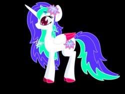 Size: 1024x768 | Tagged: safe, artist:tikimillie, oc, oc only, oc:flower lullaby, alicorn, pony, black background, female, mare, simple background, solo, two toned wings