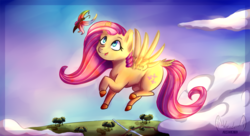 Size: 3630x1980 | Tagged: safe, artist:kristavokindem, fluttershy, butterfly, pegasus, pony, g4, cloud, female, flying, mare, scenery, sky, solo, tree