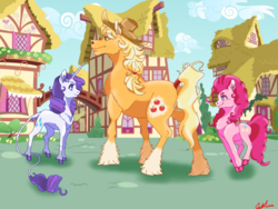 Size: 1024x768 | Tagged: safe, artist:xnogox, applejack, pinkie pie, rarity, classical unicorn, earth pony, pony, unicorn, g4, blaze (coat marking), chest fluff, cloven hooves, coat markings, colored hooves, cowboy hat, facial markings, female, hat, horn, leonine tail, mare, ponyville, realistic horse legs, size difference, socks (coat markings), stetson, tail wrap, trio, unshorn fetlocks