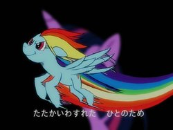 Size: 600x450 | Tagged: safe, artist:zimoguri, rainbow dash, twilight sparkle, pegasus, pony, unicorn, g4, black background, cyborg 009, female, flying, japanese, simple background, text