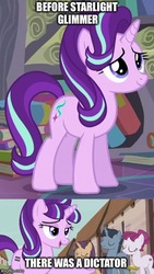 Size: 344x611 | Tagged: safe, edit, edited screencap, screencap, starlight glimmer, g4, the crystalling, the cutie map, before and after, cropped, cutie mark, equal cutie mark, female, image macro, mane, mare, meme, our town, s5 starlight, smiling