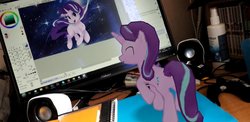 Size: 1887x918 | Tagged: safe, artist:light262, gameloft, starlight glimmer, pony, unicorn, g4, 3d, augmented reality, battlestation, happy, irl, monitor, photo, ponies in real life, smiling, solo, wip