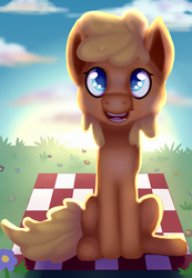 Size: 2596x3750 | Tagged: safe, artist:xavier, oc, oc only, pony, backlighting, cute, gooey, high res, open mouth, sitting, solo, sunny day