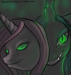 Size: 788x831 | Tagged: safe, artist:ladybd, artist:nyxapnea, princess cadance, queen chrysalis, changeling, changeling queen, g4, disguise, fangs, female, glowing eyes, glowing horn, grin, horn, mask, slit pupils, smiling, solo