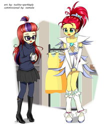 Size: 1000x1200 | Tagged: safe, artist:twilite-sparkleplz, moondancer, oc, oc:golden sheen, equestria girls, g4, blushing, boots, clothes, crossdressing, cure egret, dress, duo, equestria girls-ified, female, femboy, glasses, high heel boots, male, open mouth, precure, pretty cure, pretty cure splash star, shoes