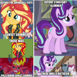 Size: 720x717 | Tagged: safe, edit, edited screencap, screencap, starlight glimmer, sunset shimmer, equestria girls, equestria girls series, g4, my little pony equestria girls, rollercoaster of friendship, the crystalling, the cutie map, before and after, caption, crown, cute, cutie mark, equal cutie mark, female, geode of empathy, image macro, jewelry, mane, mare, meme, necklace, op started shit, our town, regalia, s5 starlight, sharp teeth, smiling, sunset vs starlight debate, teeth