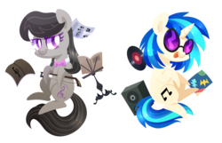 Size: 3000x1928 | Tagged: safe, artist:yaco, dj pon-3, octavia melody, vinyl scratch, earth pony, pony, unicorn, g4, bow (instrument), bowtie, cello bow, cutie mark, female, horn, lineless, mare, pointy ponies, record, simple background, smiling, sunglasses, transparent background