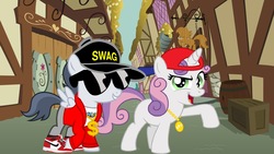 Size: 2730x1536 | Tagged: safe, artist:jawsandgumballfan24, rumble, sweetie belle, pegasus, pony, unicorn, g4, air jordans, baseball cap, bling, cap, clothes, colt, female, filly, gold chain, hat, horn, jacket, jordans, male, pants, rapper, ship:rumbelle, shipping, shirt, straight, sunglasses, swag, wings