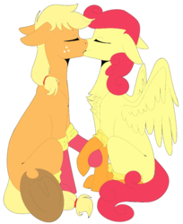 Size: 757x928 | Tagged: safe, artist:icicle-niceicle-1517, artist:sychia, color edit, edit, applejack, strawberry sunrise, earth pony, pegasus, pony, g4, applejack's hat, clothes, collaboration, colored, cowboy hat, eyes closed, female, hat, holding hooves, kissing, lesbian, mare, missing cutie mark, ship:applerise, shipping, simple background, socks, transparent background