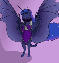 Size: 2205x2377 | Tagged: safe, artist:emmalorelai, princess luna, alicorn, anthro, unguligrade anthro, g4, clothes, collar, cuffs (clothes), elizabethan, female, high res, hybrid wings, mare, ruff (clothing), simple background, solo