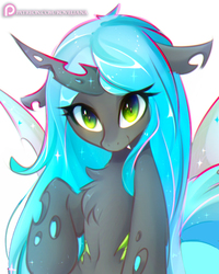 Size: 894x1118 | Tagged: safe, artist:koveliana, queen chrysalis, changeling, changeling queen, g4, blushing, chest fluff, chromatic aberration, cute, cutealis, fangs, female, looking at you, simple background, solo, white background