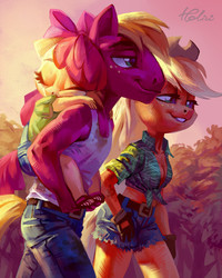 Size: 2204x2755 | Tagged: safe, artist:holivi, apple bloom, applejack, big macintosh, earth pony, anthro, plantigrade anthro, g4, apple siblings, apple sisters, big head, bow, breasts, brother and sister, carrying, cleavage, clothes, cowboy hat, daisy dukes, eyes closed, feet, female, filly, foal, freckles, gloves, hat, high res, jeans, male, mare, pants, sandals, scenery, shorts, siblings, sisters, sleeping, stallion, stetson, sunset, tank top, walking
