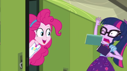 Size: 1920x1080 | Tagged: safe, screencap, pinkie pie, sci-twi, twilight sparkle, equestria girls, g4, my little pony equestria girls: better together, stressed in show, stressed in show: pinkie pie, book, female, geode of sugar bombs, geode of telekinesis, lockers, prank, scared, shrunken pupils
