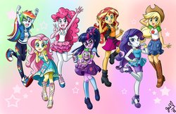 Size: 1200x778 | Tagged: safe, alternate version, artist:chibi-jen-hen, applejack, fluttershy, pinkie pie, rainbow dash, rarity, sci-twi, spike, spike the regular dog, sunset shimmer, twilight sparkle, dog, equestria girls, g4, my little pony equestria girls: better together, abstract background, boots, clothes, converse, cowboy boots, cowboy hat, cute, dashabetes, denim skirt, diapinkes, dress, feet, female, freckles, geode of empathy, geode of shielding, geode of sugar bombs, geode of super speed, geode of super strength, geode of telekinesis, glasses, hairpin, hat, high heel boots, high heels, humane five, humane seven, humane six, jackabetes, jacket, magical geodes, male, one eye closed, pants, pantyhose, paws, ponytail, puppy, raribetes, sandals, shimmerbetes, shoes, shyabetes, signature, skirt, smiling, sneakers, socks, spike's dog collar, stetson, twiabetes, wall of tags, wink