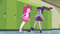 Size: 1920x1080 | Tagged: safe, screencap, pinkie pie, sci-twi, twilight sparkle, equestria girls, equestria girls series, g4, stressed in show, stressed in show: pinkie pie, clothes, eyes closed, female, geode of sugar bombs, geode of telekinesis, glasses, pantyhose, ponytail, sandals, shoes, skirt, socks, tank top, yelling
