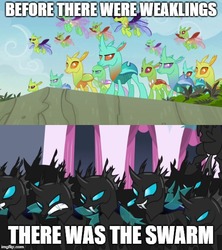 Size: 500x562 | Tagged: safe, edit, edited screencap, screencap, arista, clypeus, cornicle, frenulum (g4), lokiax, soupling, changedling, changeling, a canterlot wedding, g4, to change a changeling, before and after, meme, op has a point, op is a duck, op is a duck but has a point, unfortunate implications