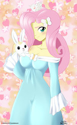 Size: 900x1469 | Tagged: safe, artist:tittoons, angel bunny, fluttershy, equestria girls, bare shoulders, blue dress, blushing, breasts, busty fluttershy, cleavage, clothes, crossover, crown, cute, digital art, dress, duo, female, hair over one eye, jewelry, looking at you, nintendo, off shoulder, princess rosalina, regalia, rosalina, signature, smiling, solo, super mario bros., super mario galaxy