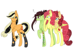 Size: 8251x5391 | Tagged: safe, artist:leyume, applejack, strawberry sunrise, oc, oc:apple berry, oc:white lilly, pegasus, pony, icey-verse, g4, absurd resolution, alternate hairstyle, bedroom eyes, blushing, clothes, dyed mane, ear piercing, earring, eyeshadow, female, freckles, glasses, goth, hug, implied apple bloom, implied big macintosh, implied bright mac, implied granny smith, implied pear butter, jewelry, lesbian, magical lesbian spawn, makeup, mare, mother and daughter, next generation, offspring, parent:applejack, parent:strawberry sunrise, parents:applerise, piercing, question mark, ship:applerise, shipping, simple background, sisters, snickering, stifling laughter, stockings, tattoo, thigh highs, torn clothes, transparent background, unamused